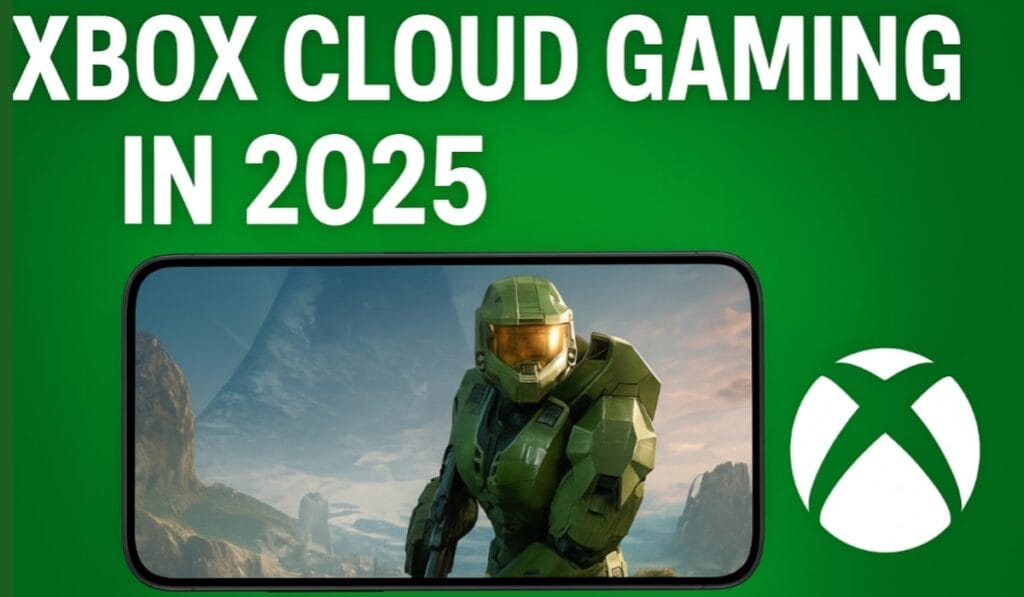 Xbox Cloud Gaming in 2025 – player streaming Halo on smartphone with Xbox logo and green background.