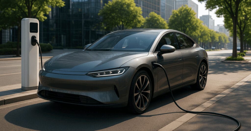 Electric Car in U.S highway representing the global EV revolution and sustainable transportation.