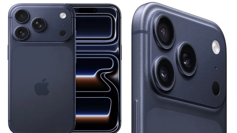 iPhone 17 Pro Max front and rear view with glossy metallic finish and premium design